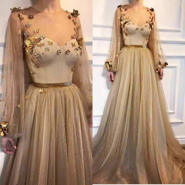 

2018 prom dresses with sheer neckline illusion poet long sleeves formal dresses evening wear appliques sequins celebrity party dresses, Black