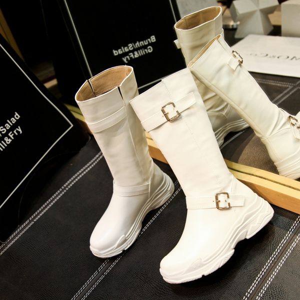 

women boots woman winter shoes mid calf double buckle strap soft sole new fashion design size 34-43 2018 sb192, Black