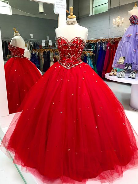 

2018 Новый красный Милая бальное платье Принцесса Quinceanera Платья Кружева Лиф Стразы Спинки Длинные Платья Выпускного Вечера Корсет Конкурс Платья