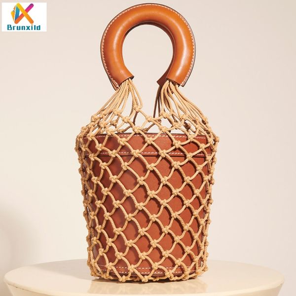 

ins popular pu leather hollow net bag chic women bucket bag faddish barrel tote vintage lady handbag fishingnet composite