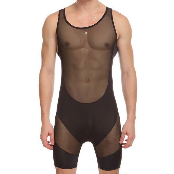 

men's fitness conjoined vest mesh transparent body shaper men underwear mens bodysuits, Black;brown