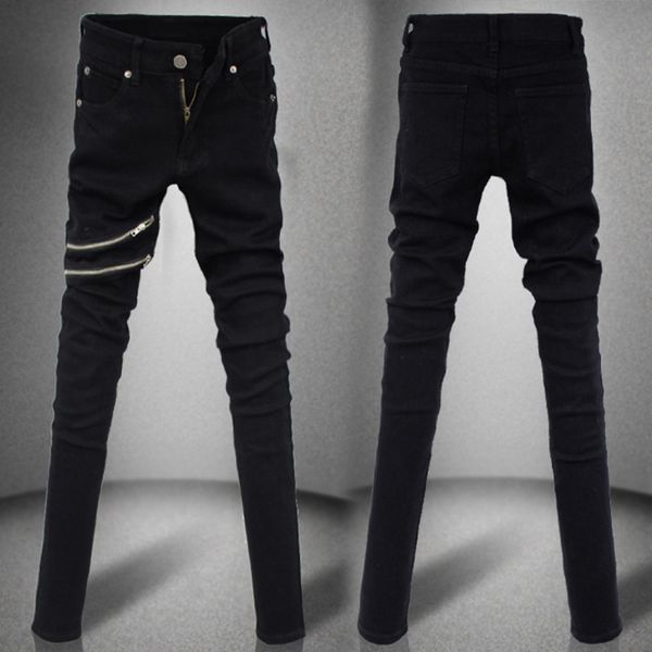 

europe young men's black zipper slim skinny jeans casual fashion personality denim pencil pants cotton material straight jeans, Blue