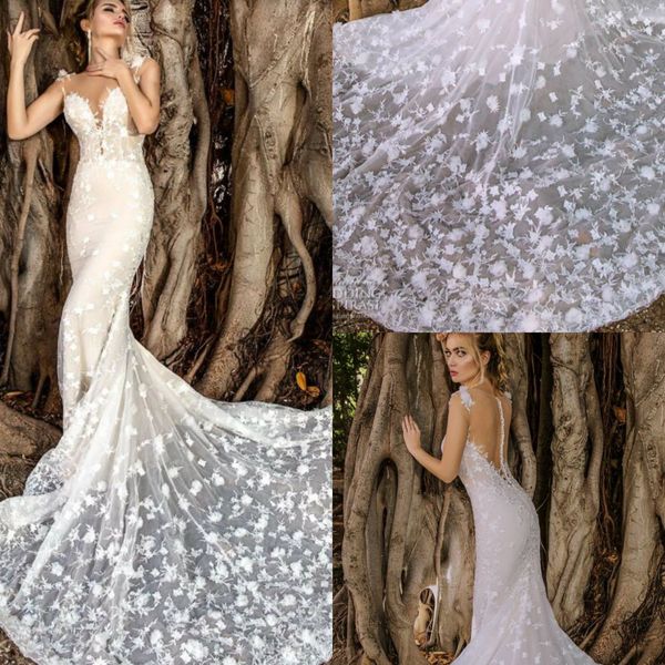 

mermaid wedding dresses jewel neck lace 3d floral applique sleeveless sweep train bohemian bridal dress plus size vestido de novia, White