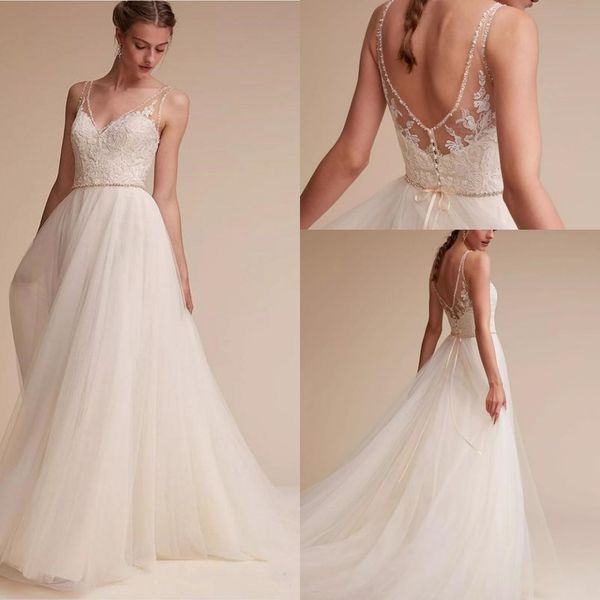 

2018 summer v neck a line beach wedding dresses sleeveless lace appliques sash tulle backless beading sweep train bridal gowns wedding gowns, White