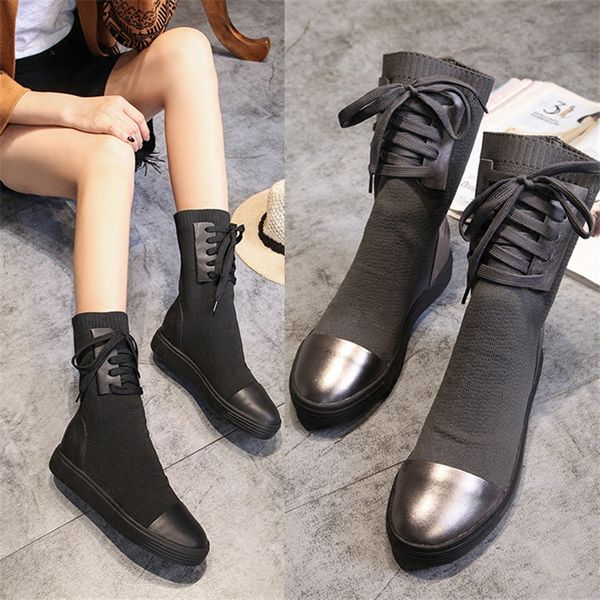 

Discount Women Lady Snowboots Autumn Winter boots womens leather Fashion thick at the end of elastic boots Knit leisure wool boots