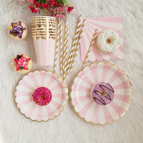 

8pcs gold foil stripe pink disposable tableware paper plates cups christmas new year birthday party baby shower supplies straws