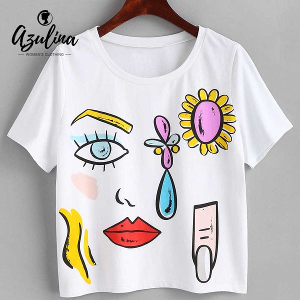 20187 AZULINA Yaz Kadın T Shirt Baskılı O Boyun Kısa Kollu Pamuklu Tişört Rahat Gömlek Tee Bayanlar Tops Yeni Kız T-Shirt Giyim