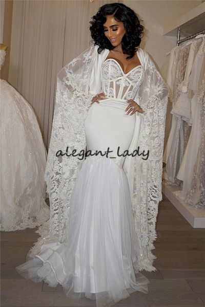

african plus size illusion wedding dresses with cape robe lace appliques mermaid wedding dress sweetheart long train bridal gowns, White