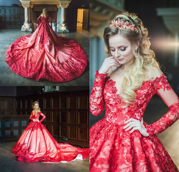 Prinzessin Rote Brautkleider Nude Jewel Neck Spitze Applikationen Perlen Kristall Gericht Schleppe Langarm Brautkleider Satin Luxus Brautkleid