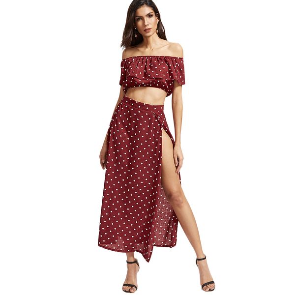 

women 2 piece set off shoulder ruffle crop and skirts dot print cropped split skirt summer boho beach two piece set, White