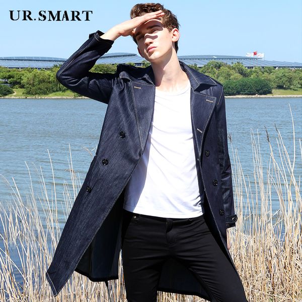 

ursmart cowboys windbreaker male long over-the-knee double-breasted split men's windbreaker british fashion coat, Tan;black