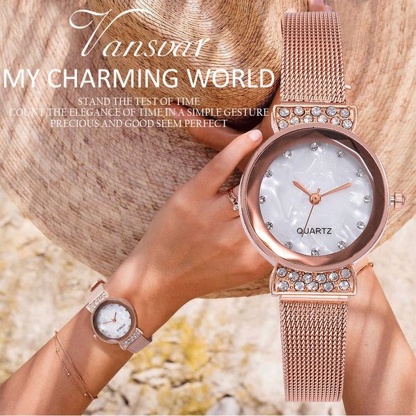 

vansvar casual quartz stainless steel band newv strap watch analog wrist watch fashion steel belt watches, Slivery;brown