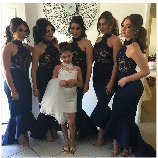

navy blue bridesmaid dresses 2018 arabic halter neck lace applique mermaid high low dubai plus size maid of honor wedding guest gowns, White;pink