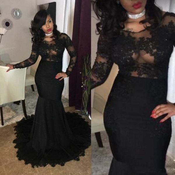 

2018 Sexy Black Girls Prom Dresses Mermaid Boat Neck Long Sleeves See Though Lace Appliques African Sweep Train Formal Evening Party Gowns
