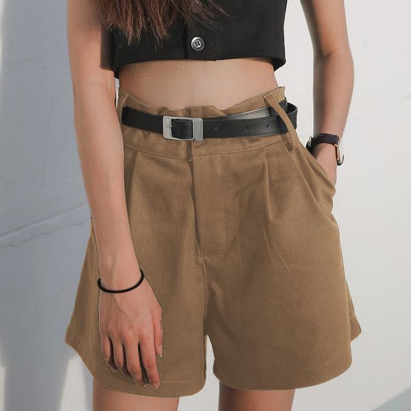 

liva girl casual cotton high waist shorts women straight short pants solid khaki zipper button pocket loose summer feminino, White;black