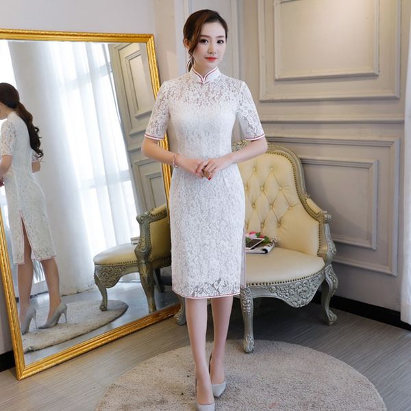 

new arrival traditional chinese women dress elegant ladies' lace qipao novelty flower slim short cheongsam size s-xxl 8003, Black;gray