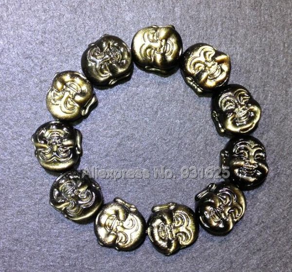 

beautiful natural gold obsidian carved laughing buddha head elastic lucky amulet bracelet stretch fashion jewelry for man, Black