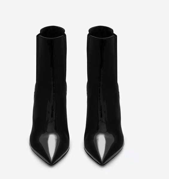 2018 nuove donne stivali con tacco in metallo stivaletti stivaletti con punta a punta stivali con tacco alto in vernice nera scarpe da festa da donna slip on botas