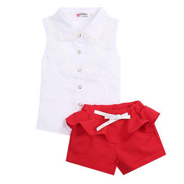

summer fashion girl lace white blouses+ red shorts clothing set twinset