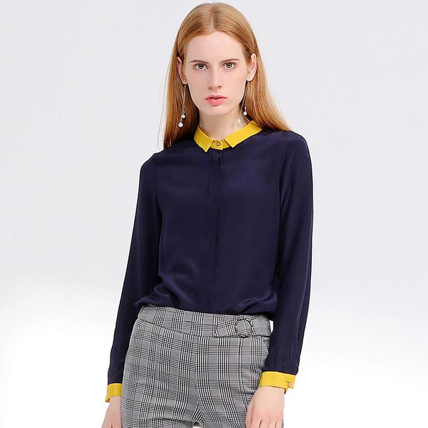 

100% silk blouse women shirt graceful style turn-down collar long sleeve 2 colors panelled design office new fashion 2018, White