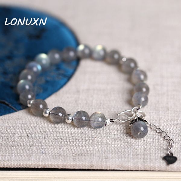 

7mm moonstone bracelet 925 sterling silver grey labradorite natural semi-precious stones crystal lovers gift, Golden;silver