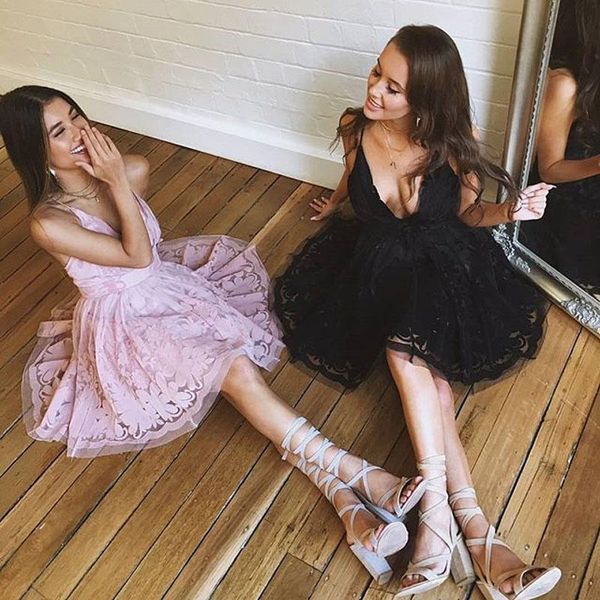 

2020 new arrival blush lace v neck short homecoming dress black lace short prom party dress custom made, Blue;pink