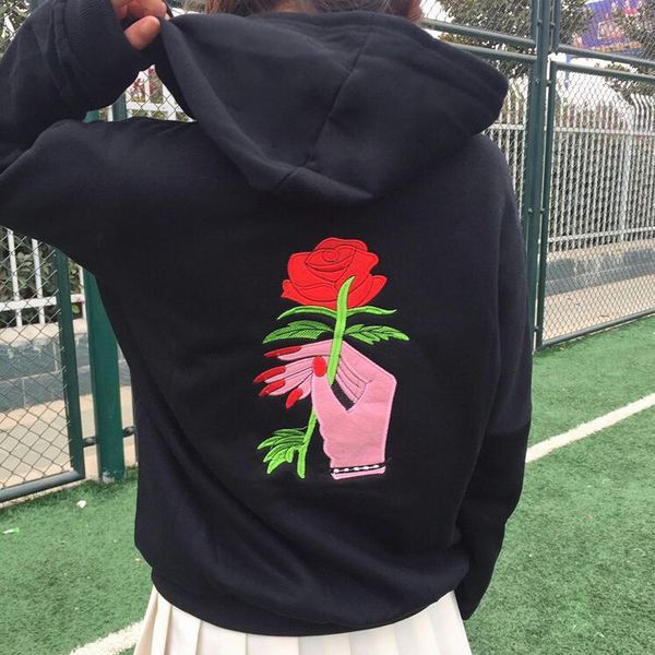 

harajuku rose embroidery hooded sweatshirts, Black