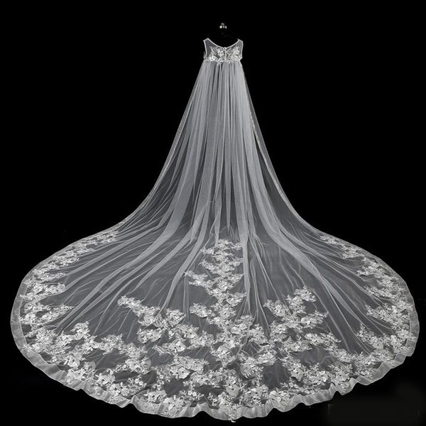

2018 Elegant Appliques Lace Sleeveless 115inch Cathedral Train Wedding Bridal Wraps Sheer Jewel Neck Wedding Bridal Capes
