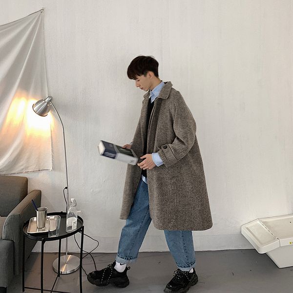 

winter new wool coat men's thick warm fashion retro solid color long jacket man streetwear casual loose outwear male clothes, Black
