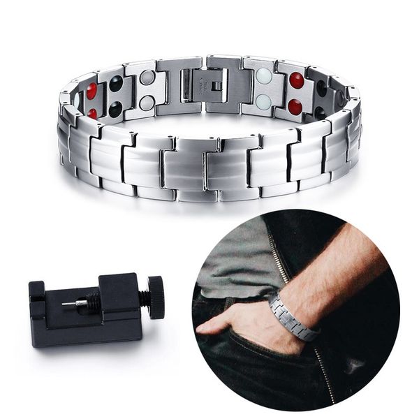 

gents jewels stainless steel magnetic power bracelet 2 row 4-in-1 energy magnets negative ion fir germanium bangle silver tone, Golden;silver