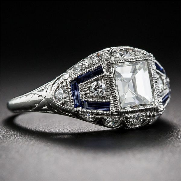

selling inlaid blue white stone rings european beauty creative vintage retro flower silver engagement rings high quality