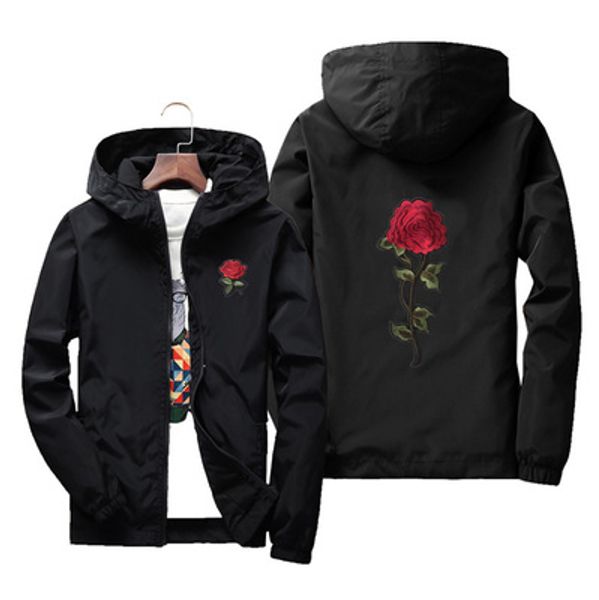 

rose floral men's lightweight jacket with hat thin waterproof hooded jacket winderbreaker jacket men & women lover casual coats, Black;brown