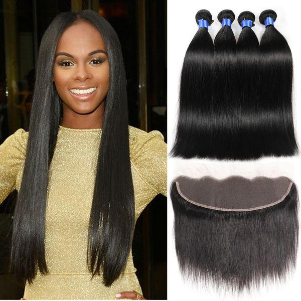 

13x4 lace frontal with bundles 100% unprocessed brazilian straight virgin human hair 4 bundles wholesale bleached wet and weavy thick, Black;brown