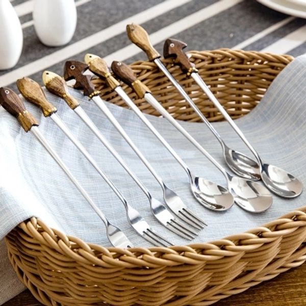 

stainless steel long handle spoon fork cute student small spoon creative home portable tableware fruit fork