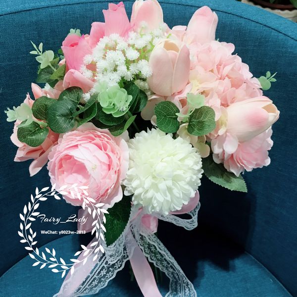 High End 100 Real Photos Pink Wedding Bouquets Lace Handle Home