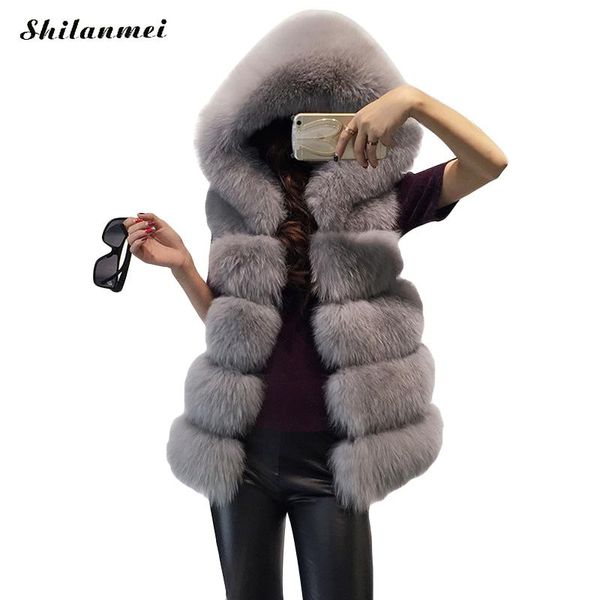 

women's coats jacket gilet veste luxury fur hooded vest coat faux fox vests winter fashion furs warm women overcoat, Black;white