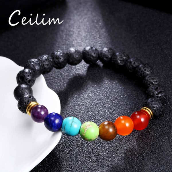 

new fashion yoga beads bracelet 7 colors ancient gold alloy charms beads lava bracelets for women men natural stone jewelry gifts, Black