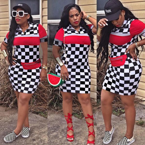 

women's fashion casual dresses racing suits sports checkered short sleeve zipper v-neck bodycon dress q079 2020, Black;gray