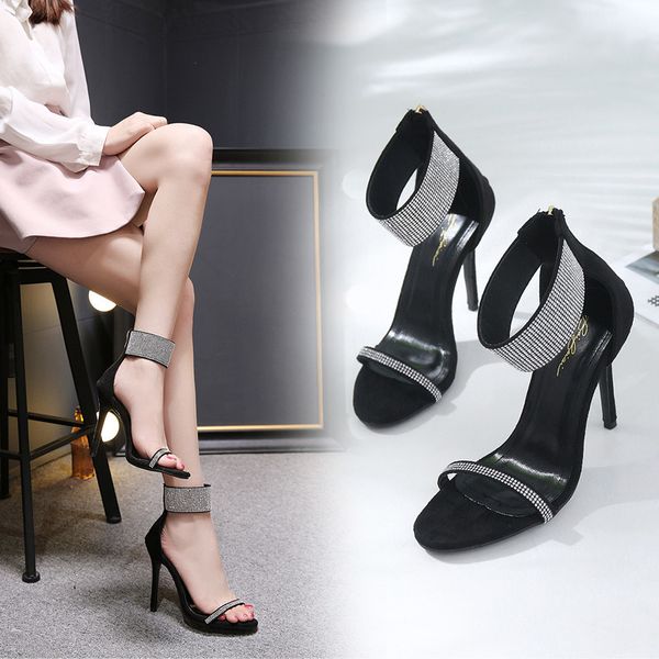 

new fashionl women high heel pumps open toe roman luxury rhinestone sandals star catwalk show style sandals lady party shoes plus size, Black