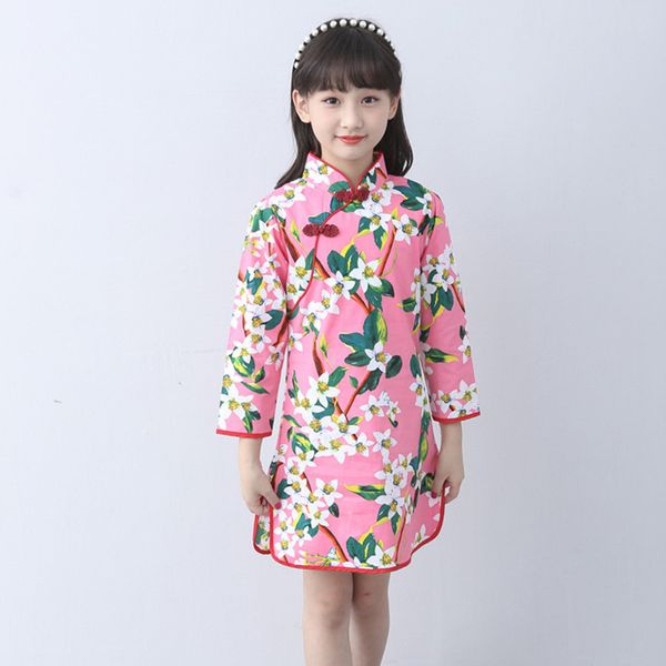 

children cheongsam chinese style girl costume chinese traditional dress oriental cheongsam long sleeve 2018 new girls clothes, Red