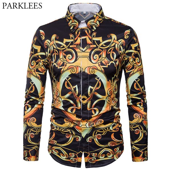 

mens luxury design gold floral print casual button down shirt 2018 fashion slim fit long sleeve dress shirts men chemise homme, White;black