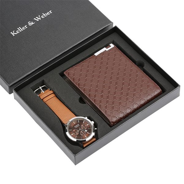 

chronograph watch mens wallet gift set for male luxury wristwatch for men quartz leather strap wrist clock birthday gift reloj, Slivery;brown