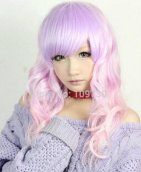 Pink Lavender Split Color Rayon Lolita Curly Wigs Cheap Hair