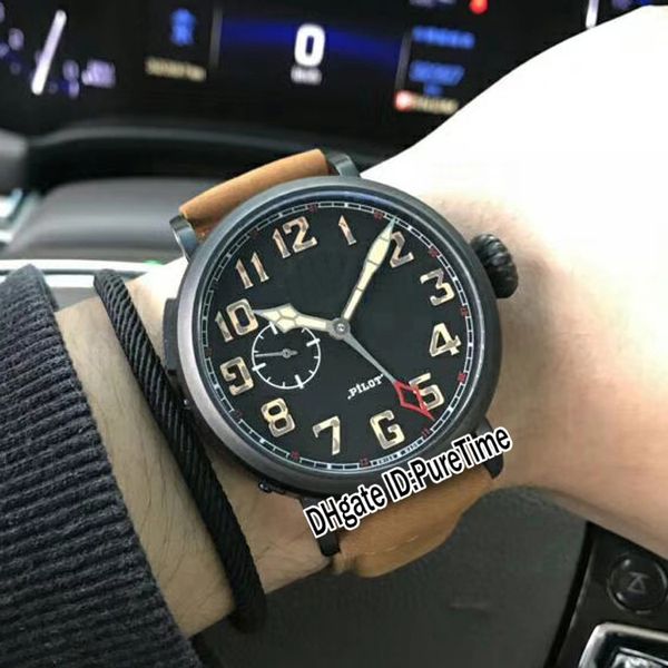 

New 45mm type 20 gmt 03 2430 693 21 c723 pvd teel black dial automatic men watch port watche big crown brown leather trap zth 22b2