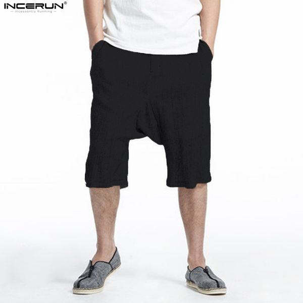 

incerun 2018 new casual men's cotton linen loose shorts summer breathable fashion chinese style solid retro leisure shorts, White;black