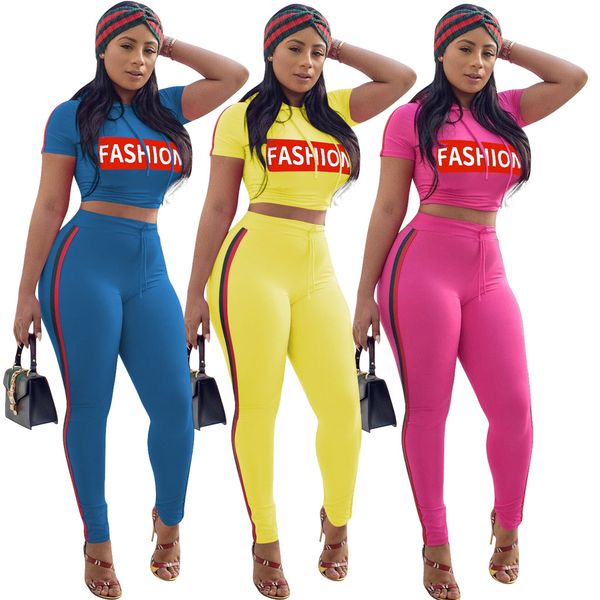 

Summer Women Tracksuits Solid Women Fashion Letter Printed Hooded Crop With Striped Tight Skinny Pant 2pc Set