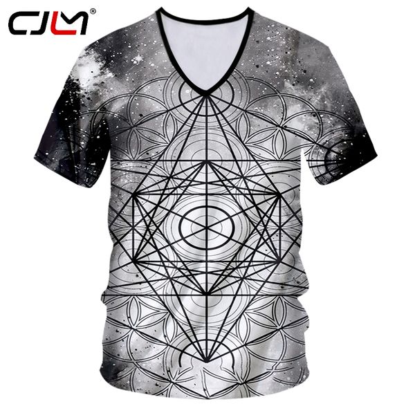 

cjlm new fashion v neck tshirt print graphic triangle rectangle 3d t-shirt male hiphop streetwear punk casual tee shirts, White;black