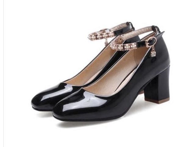 

send new coarse heel round head women's single shoes, Black