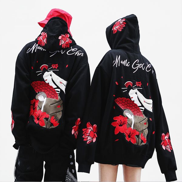 

drop shipping japanese street oversize embroidery lotus hoodies hip-hop style hoodie lovers loose men women hoodies us size s-xl, Black