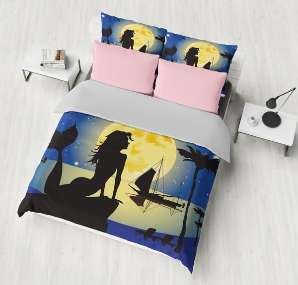 

3d home textile mermaid duvet cover set silhouette of legendary aquatic girl/kid/on moon sky print 4 piece bedding sets